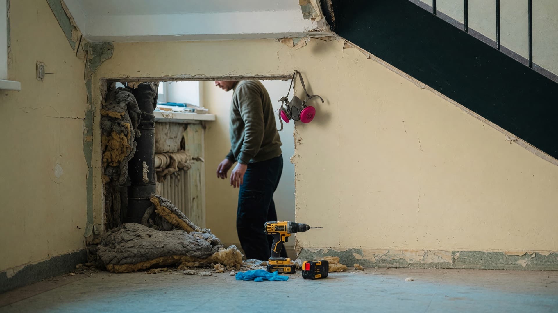 En hantverkare har avbrutit arbetet framför en upphuggen väggöppning i ett äldre trapphus. Bakom öppningen sitter gammal, vittrad rörisolering runt ett stamrör och en del av den har fallit ner på golvet. Borrmaskinen ligger nedlagd intill och en halvmask med P3-filter hänger på väggen bredvid öppningen.