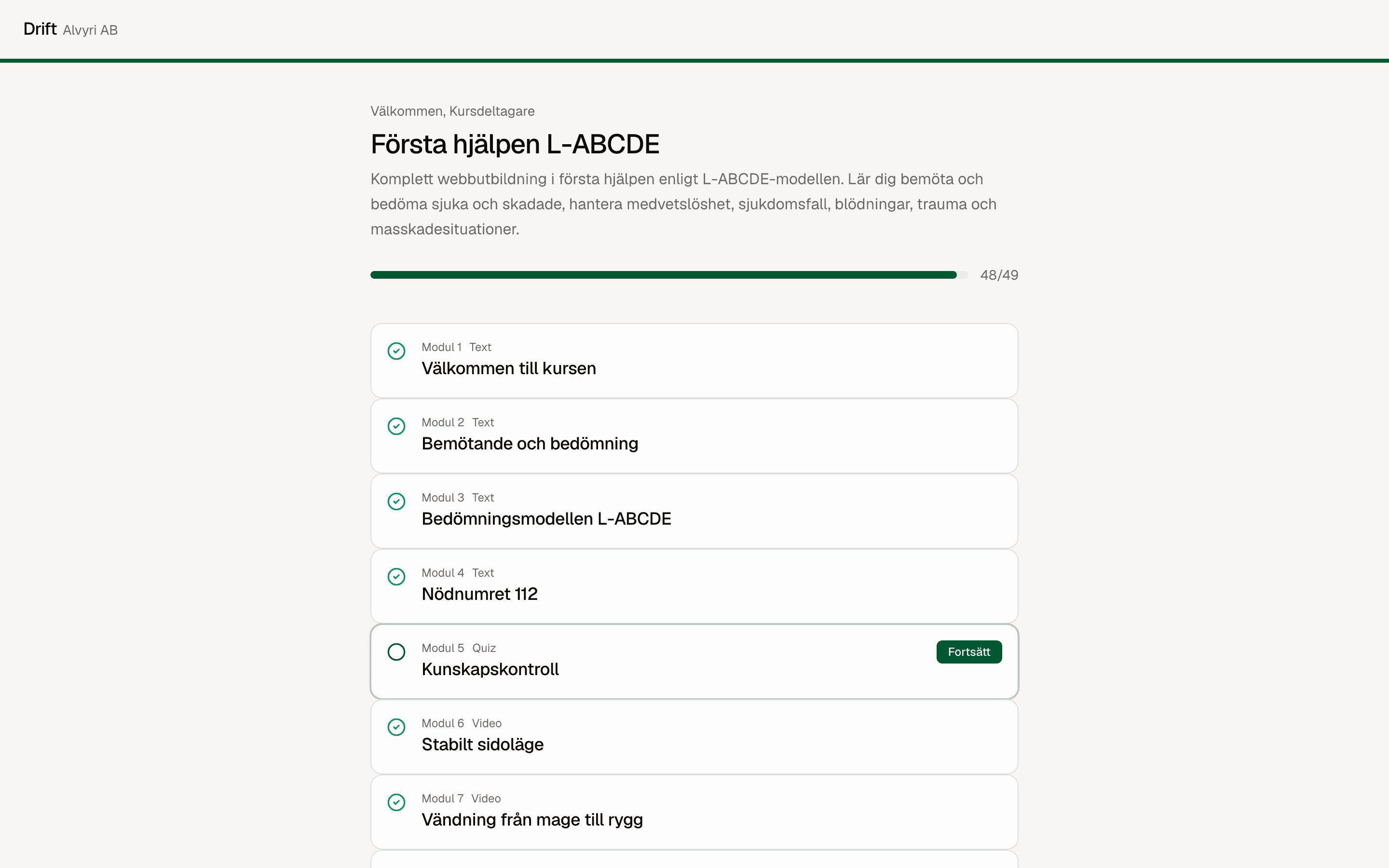 Kursvy – moduler och progress